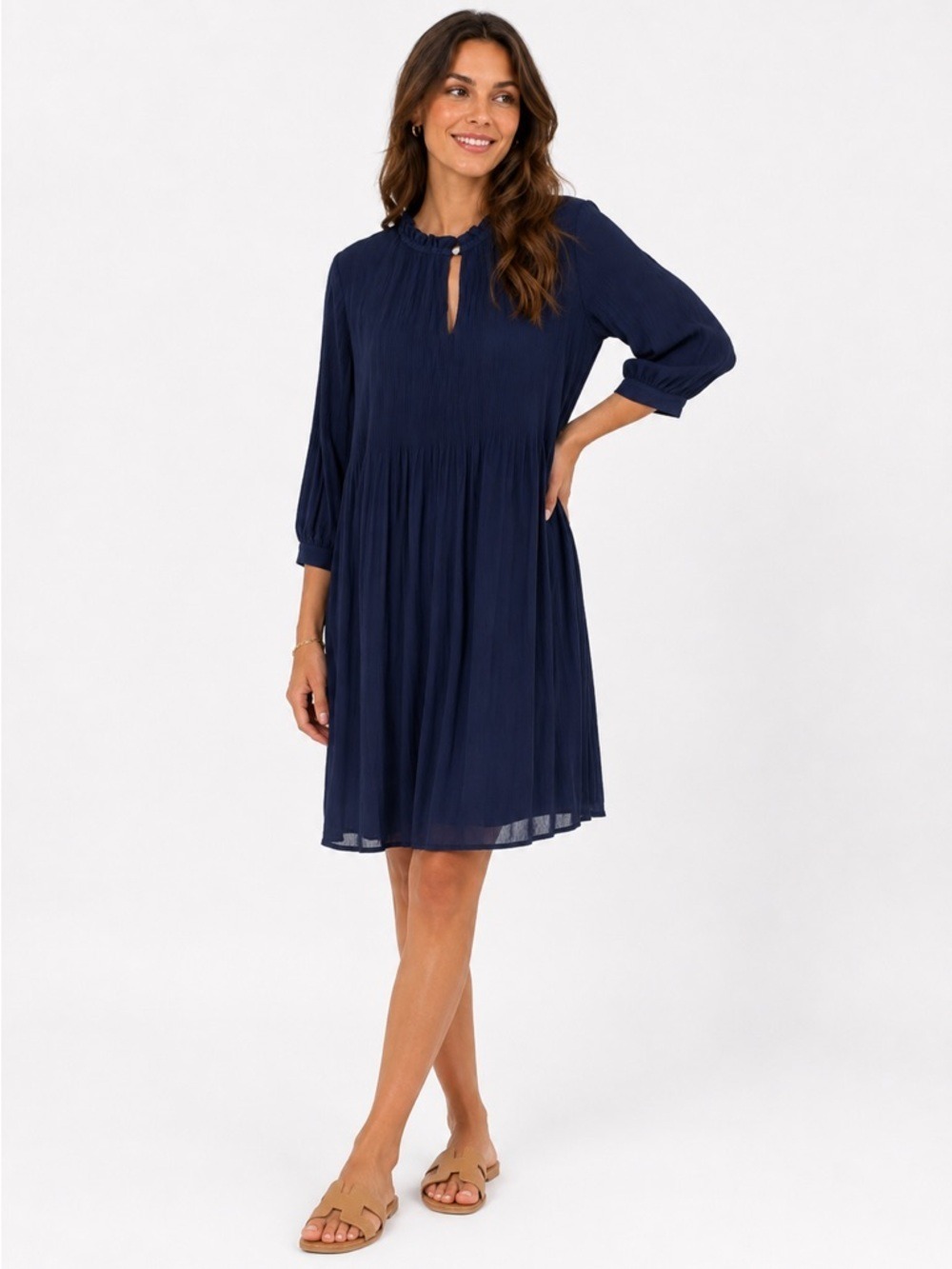 Halston Blue High Neck Keyhole Pleated Ling Sleeved Stretch MIDI Dress S…